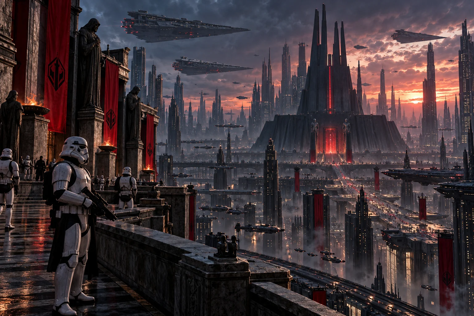 Imperial patrol beneath a dark temple and warships over Coruscant at dusk