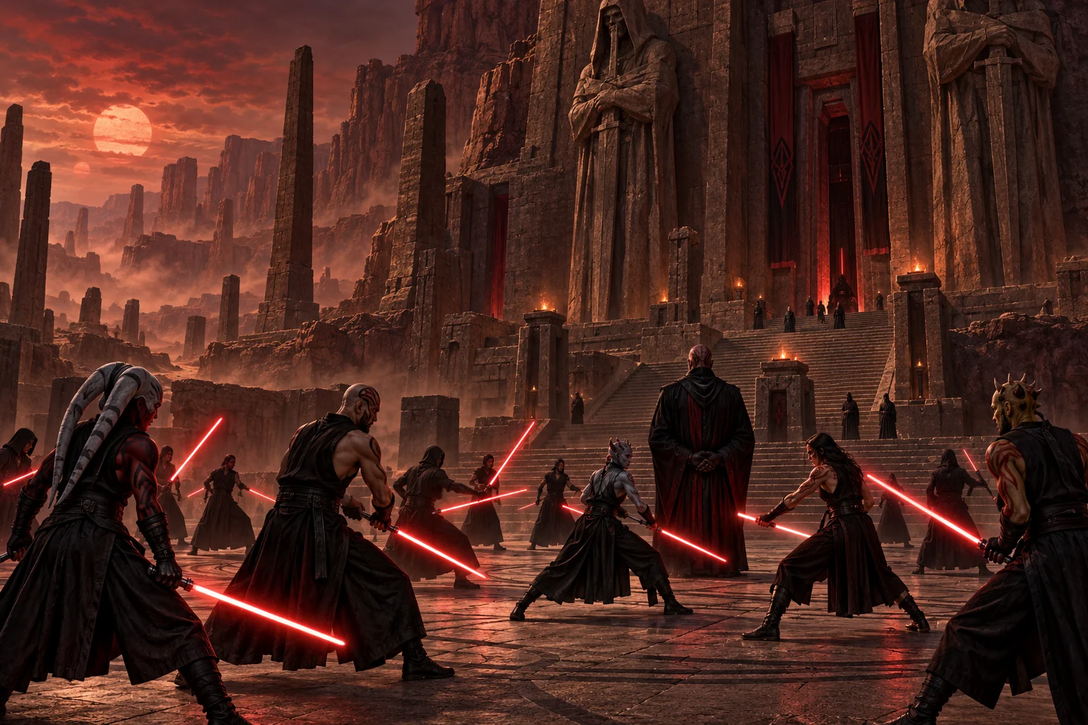 Anonymous Sith trainees beneath an ancient Korriban temple in a red desert