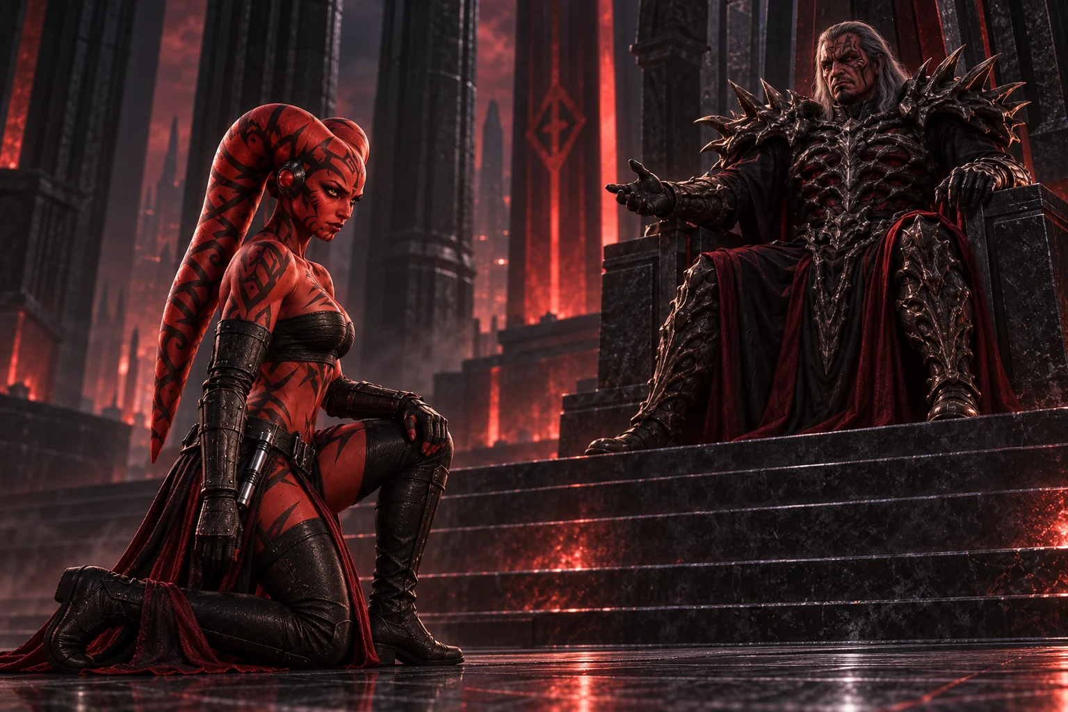AI interpretation of Talon kneeling before Darth Krayt