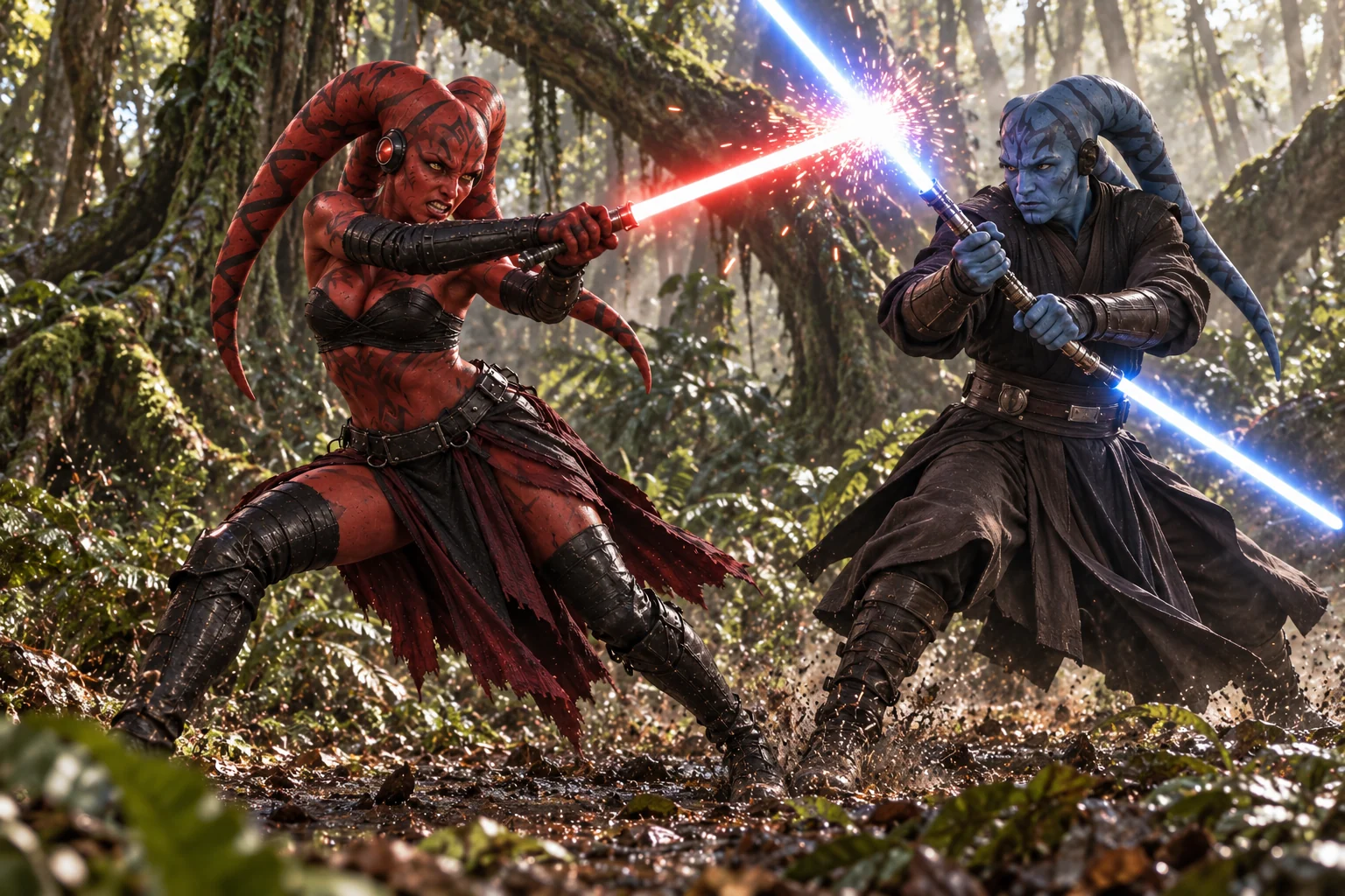 AI illustration of Darth Talon fighting a blue-skinned Twi’lek Jedi in a jungle