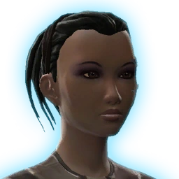Mako, dark-haired human slicer with cybernetic implants in SWTOR