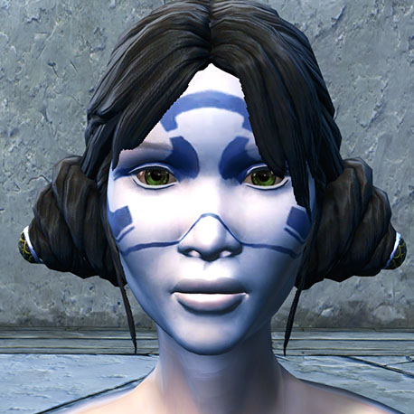 Nadia Grell, pale-skinned Sarkhai Jedi student with cultural face paint