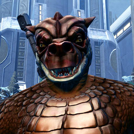 Qyzen Fess, Trandoshan hunter with dark bronze armor and yellow eyes, in a character-specific game screenshot