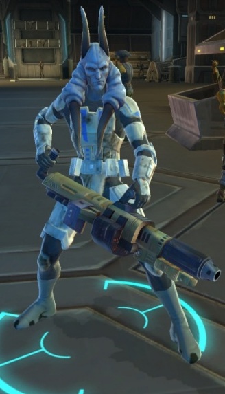 Sergeant Fideltin Rusk, blue-skinned Chagrian Republic soldier carrying a heavy blaster
