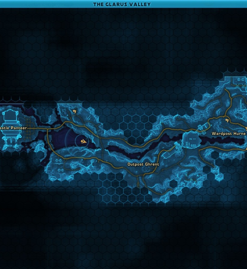 SWTOR Glarus Valley local road map showing Outpost Ghrent, Castle Panteer and Wardpost Hurne