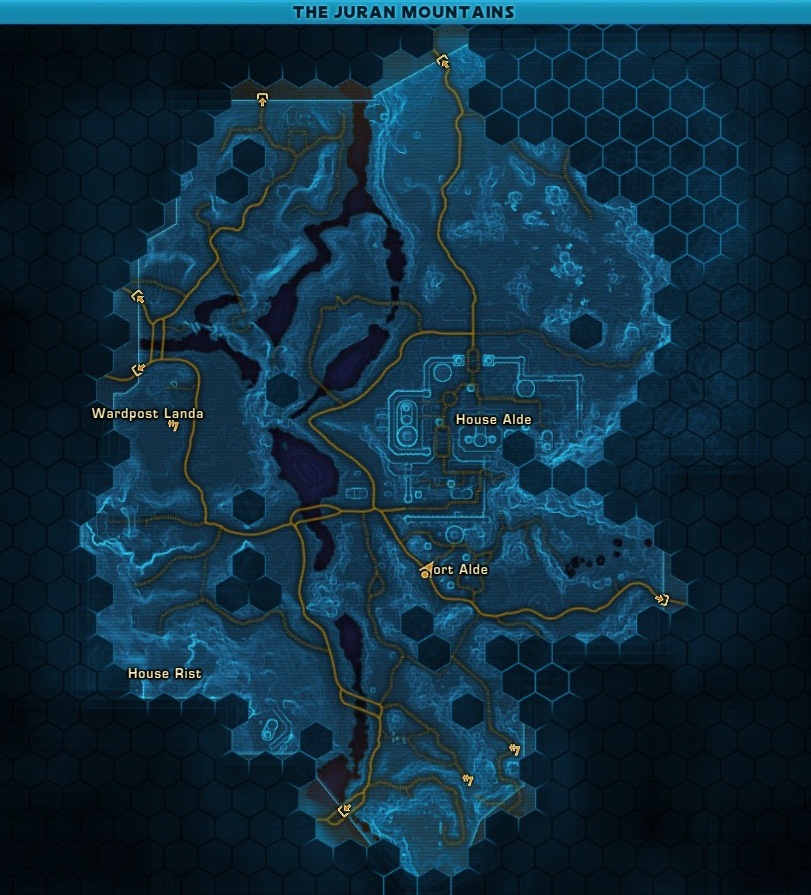 Juran Mountains original SWTOR map showing House Alde, Wardpost Landa, Fort Alde, House Rist and road layout