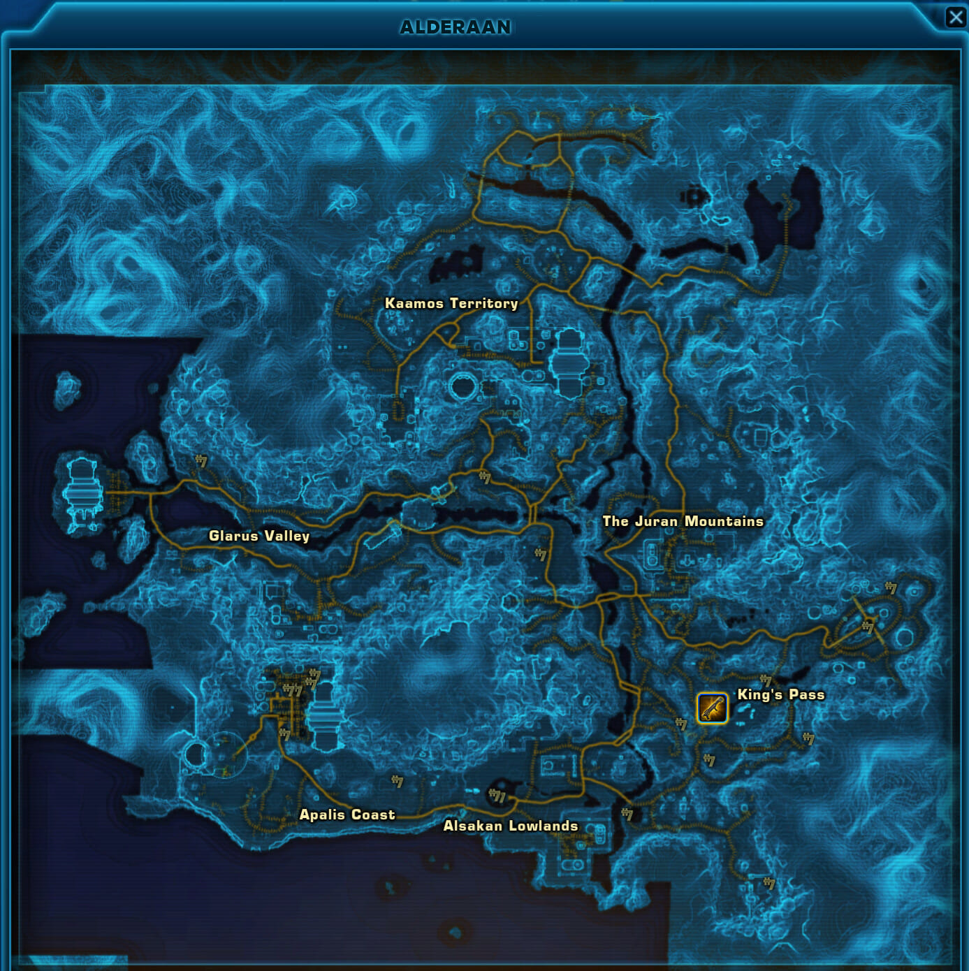 SWTOR Alderaan world map labeling Juran Mountains, Glarus Valley, Kaamos Territory, Apalis Coast and King's Pass