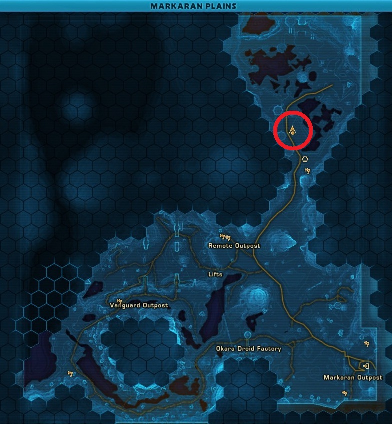 SWTOR Markaran Plains area map labeled Remote Outpost, Vanguard Outpost, Okara Droid Factory and Markaran Outpost