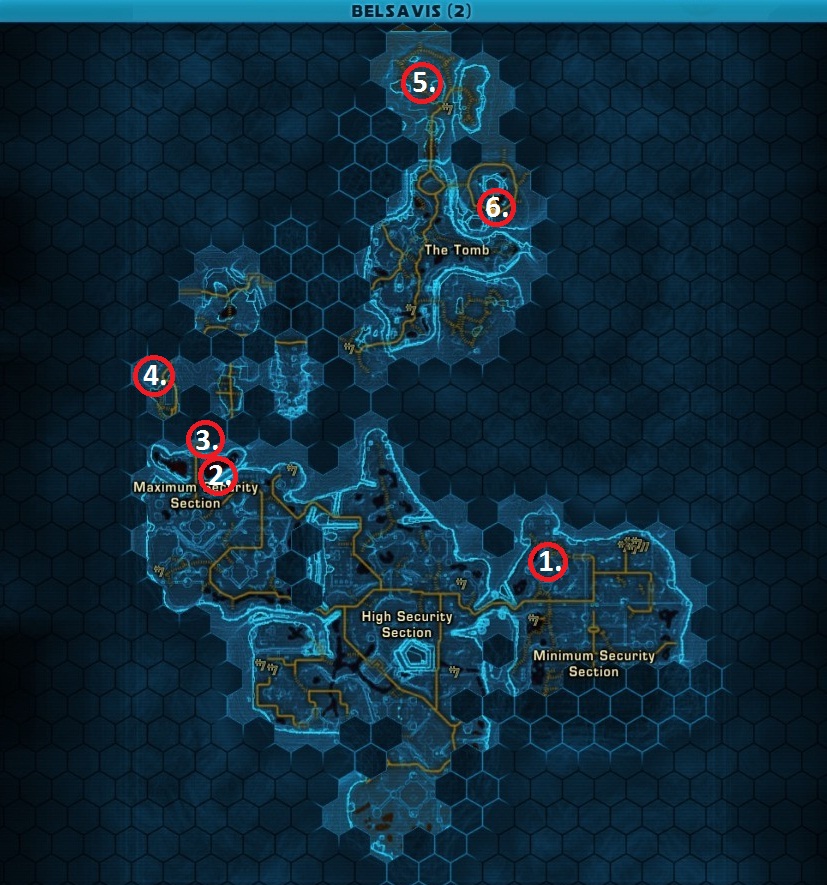 Original Belsavis SWTOR world map with Minimum Security, High Security, Maximum Security and The Tomb labeled, and unrelated red reconnaissance circles