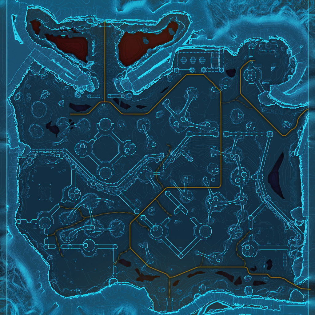 Belsavis Maximum Security Section unmarked blue game map showing main roads, complexes and connecting security corridors