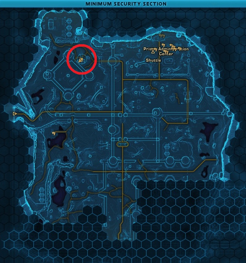 Minimum Security Section in-game map with shuttle and prison administration landmarks and unrelated red marked achievement objective