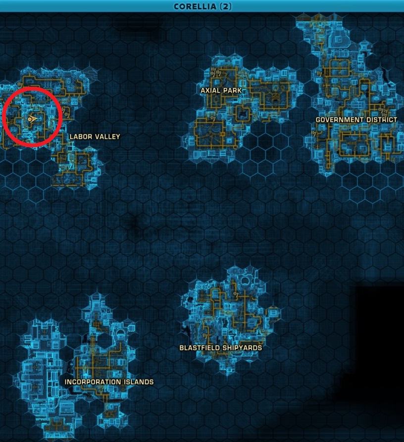SWTOR original Corellia map with Incorporation Islands, Labor Valley, Axial Park and Government District labels and an unrelated red achievement circle