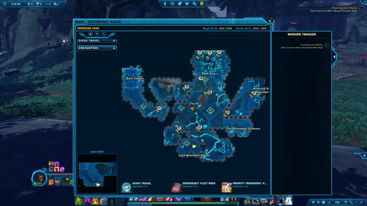 2025 SWTOR Dromund Kaas world map with Kaas City, the Dark Temple, Lord Grathan's Estate, the Unfinished Colossus and the spaceport