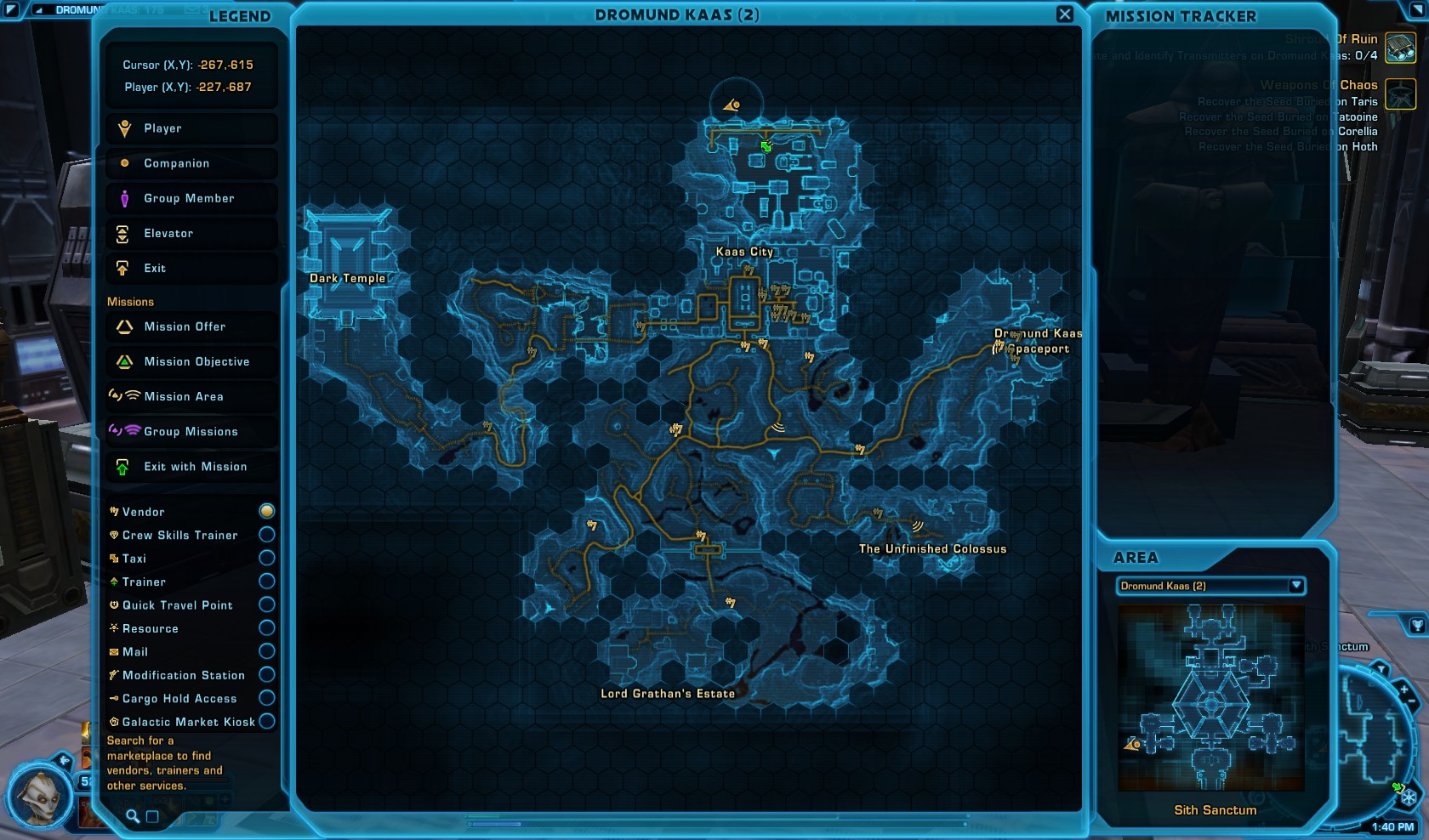 Older Dromund Kaas zone map showing Kaas City, Dark Temple, and Lord Grathan's Estate