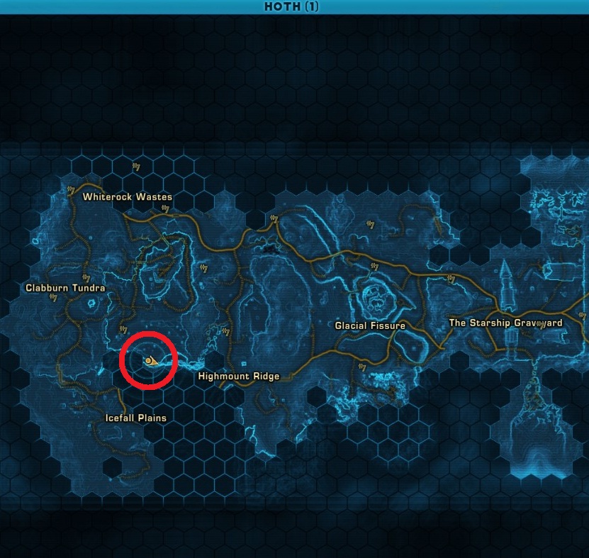 SWTOR Hoth world map labeled Whiterock Wastes, Clabburn Tundra, Icefall Plains, Highmount Ridge, Glacial Fissure and Starship Graveyard