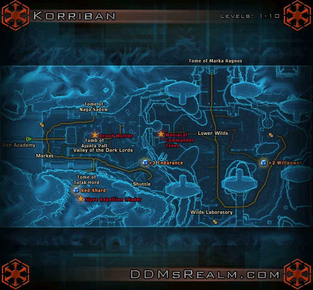 Annotated Korriban map labeling Sith Academy, Tombs of Ajunta Pall, Tulak Hord, Naga Sadow, Marka Ragnos, and the Lower Wilds.