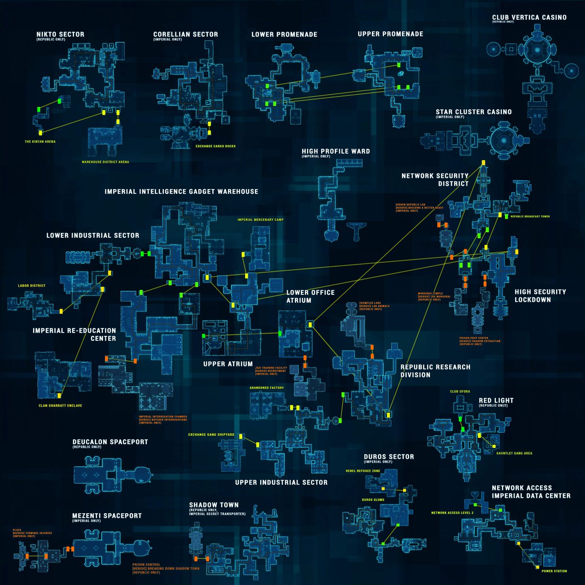 Nar Shaddaa in-game multi-sector overview showing the separate Upper Industrial Sector and other taxi-linked areas