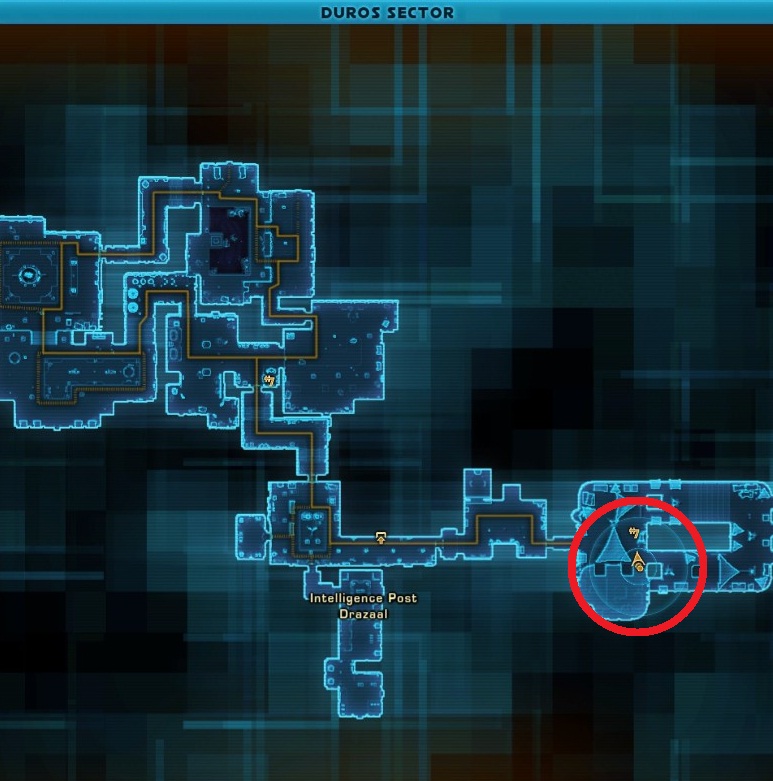 SWTOR Duros Sector gameplay corridor map with Intelligence Post Drazaal and a historical droid route