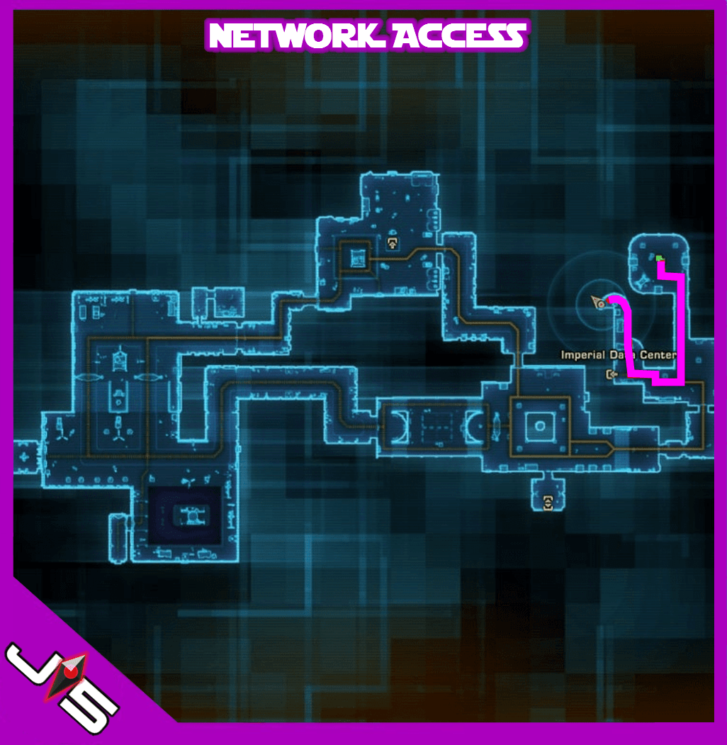SWTOR Network Access region map showing its taxi-side paths and Imperial Data Center, overlaid with a separate datacron route