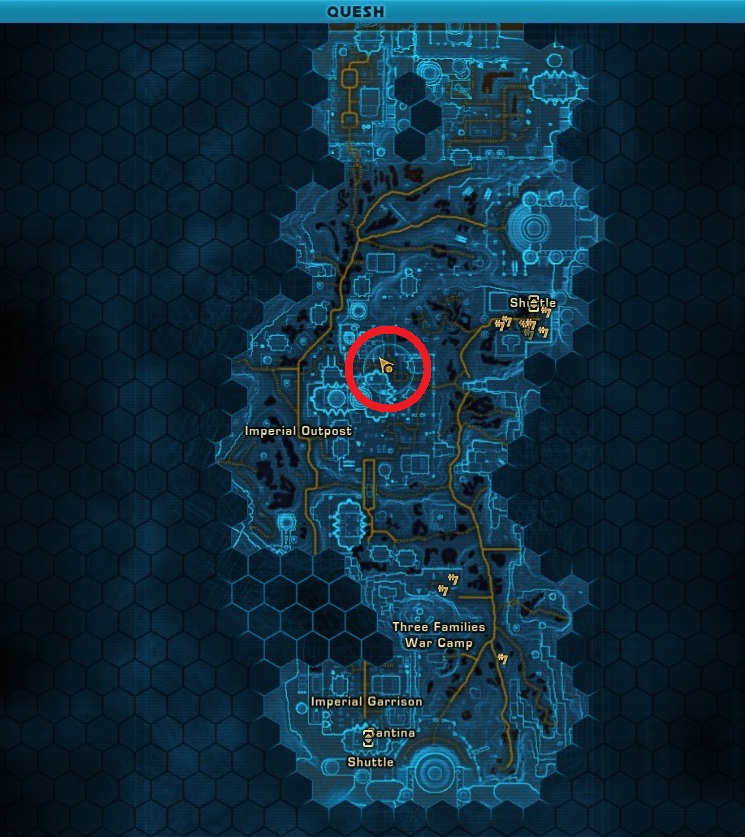 Original blue in-game regional map of Quesh showing Imperial Outpost and Imperial Garrison, with unrelated red reconnaissance-circle overlay