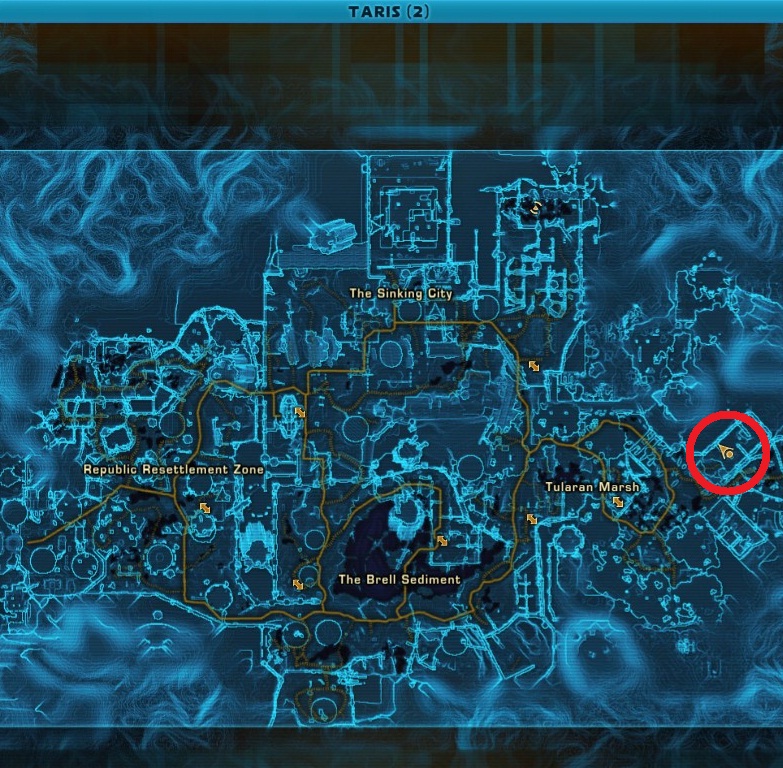 SWTOR Imperial Taris world map showing Brell Sediment, Tularan Marsh, Sinking City and Republic Resettlement Zone