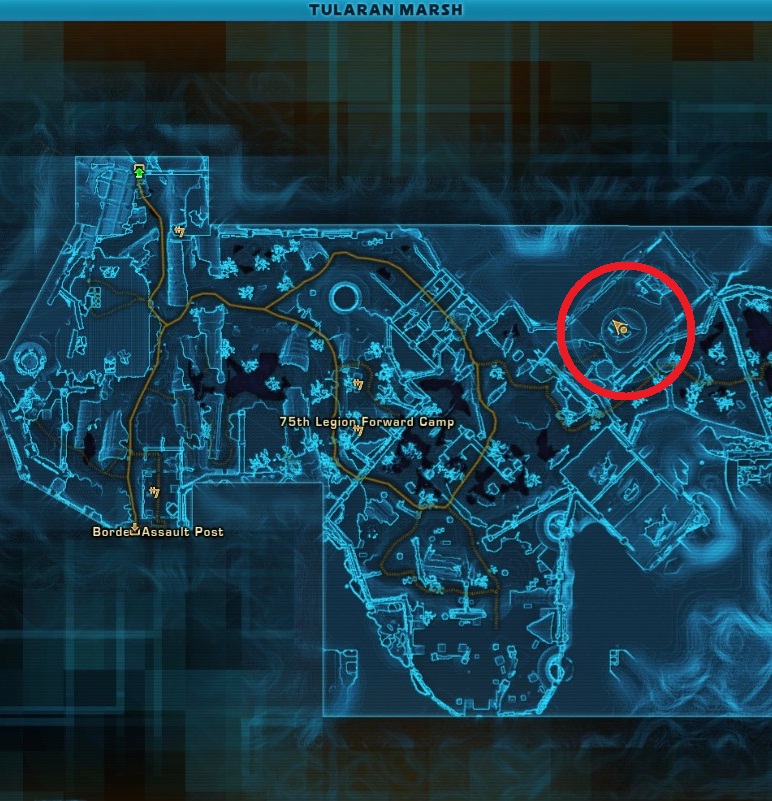 SWTOR original Tularan Marsh map with 75th Legion Forward Camp, roads, and Border Assault Post