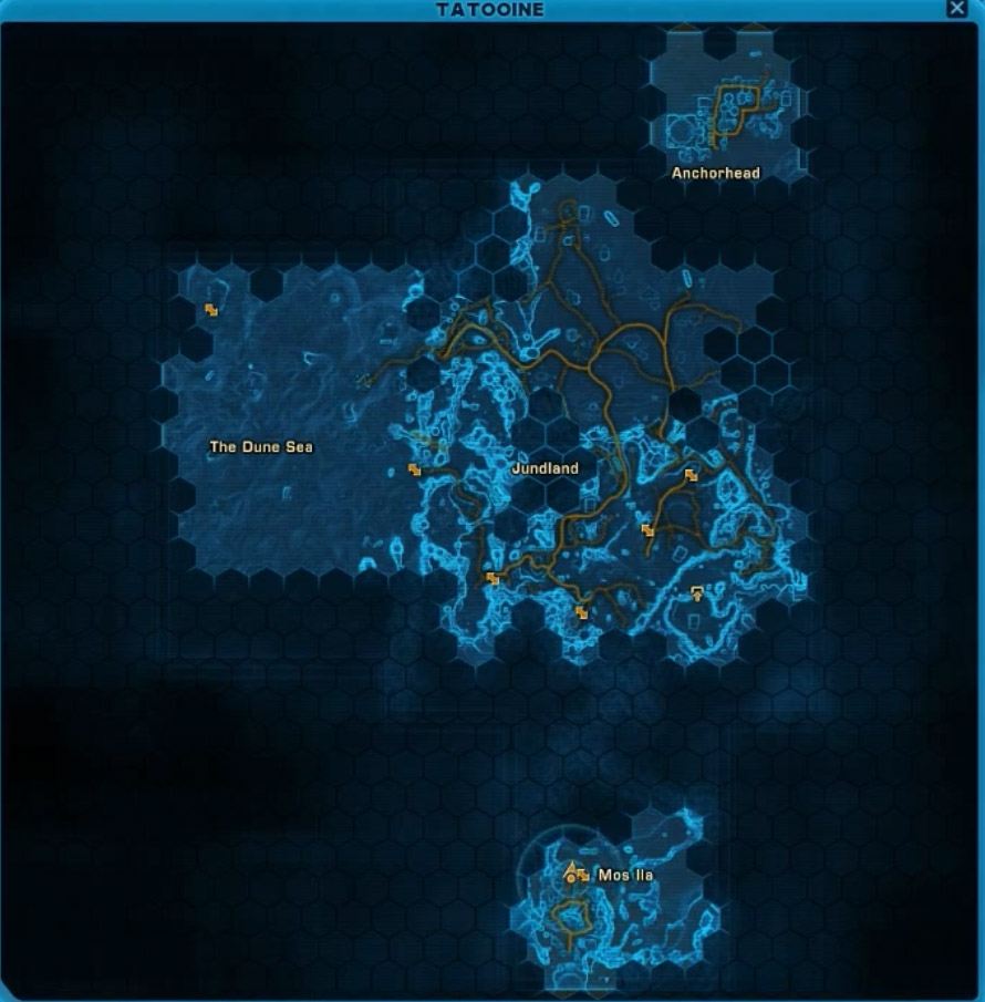 In-game map of Tatooine separating Mos Ila, Jundland, The Dune Sea and Anchorhead