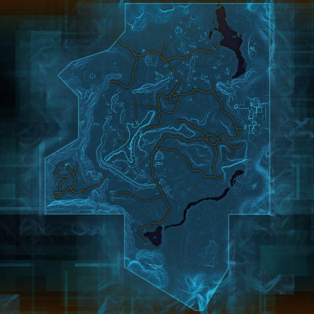 SWTOR Voss Nightmare Lands original blue game region map showing roads, entrances and deep region approaches without fake mission arrows