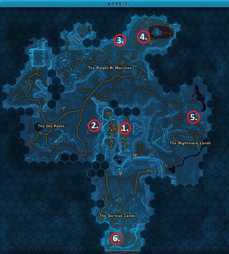 SWTOR Voss blue in-game world map with The Old Paths, The Gormak Lands, Nightmare Lands, Pelath-Ri Marches and unrelated droid reconnaissance circles